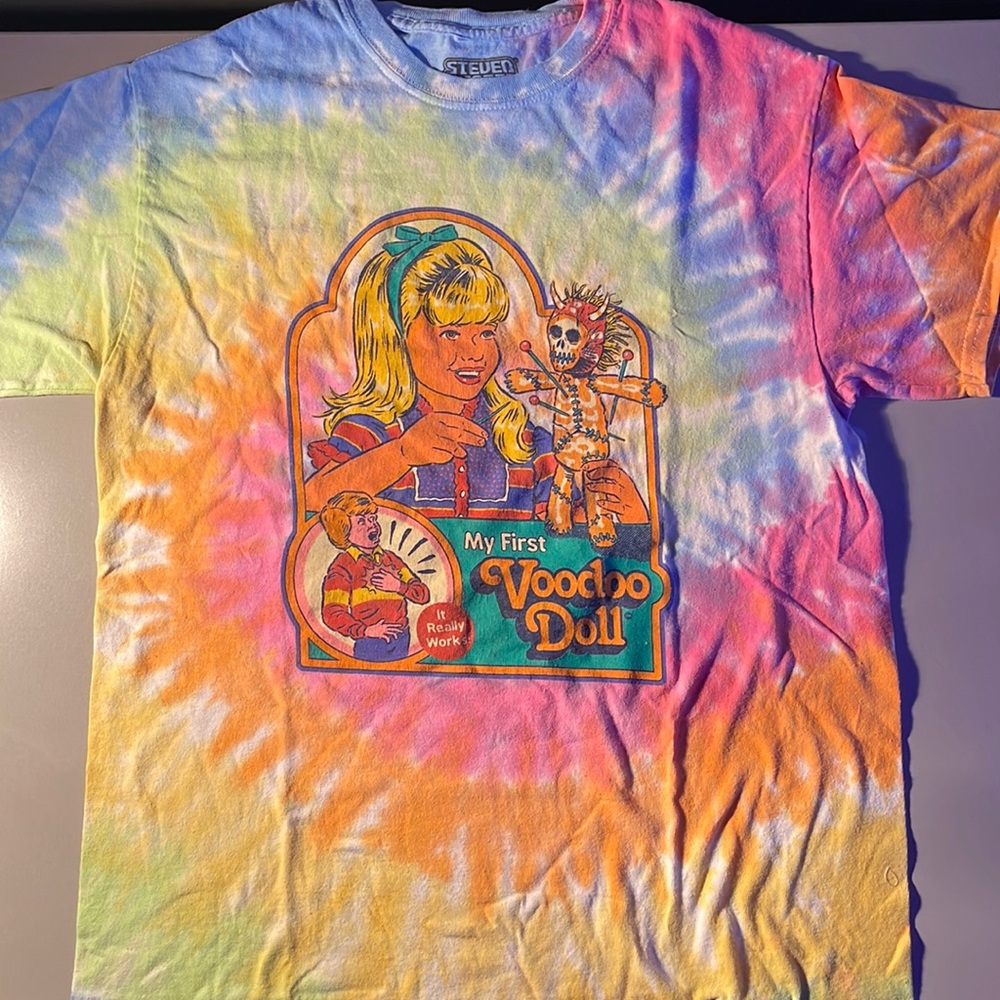 Steven Rhodes My First Voodoo Doll mens medium tie dye t-shirts